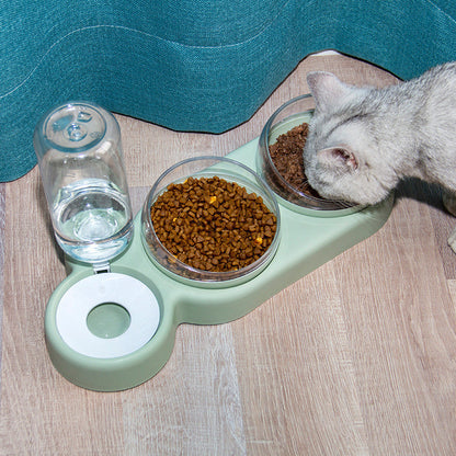 Dry & Wet Separated Automatic Pet Feeder With Double Bowl & Raised Drinking Stand