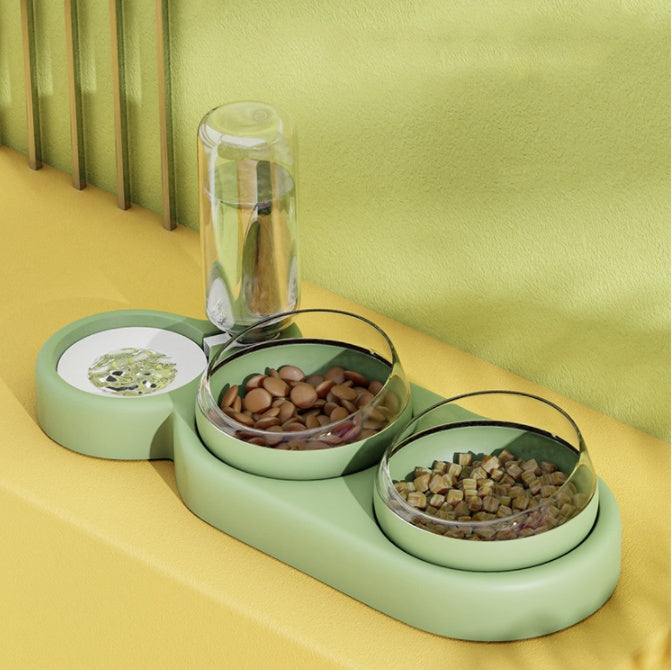 Dry & Wet Separated Automatic Pet Feeder With Double Bowl & Raised Drinking Stand